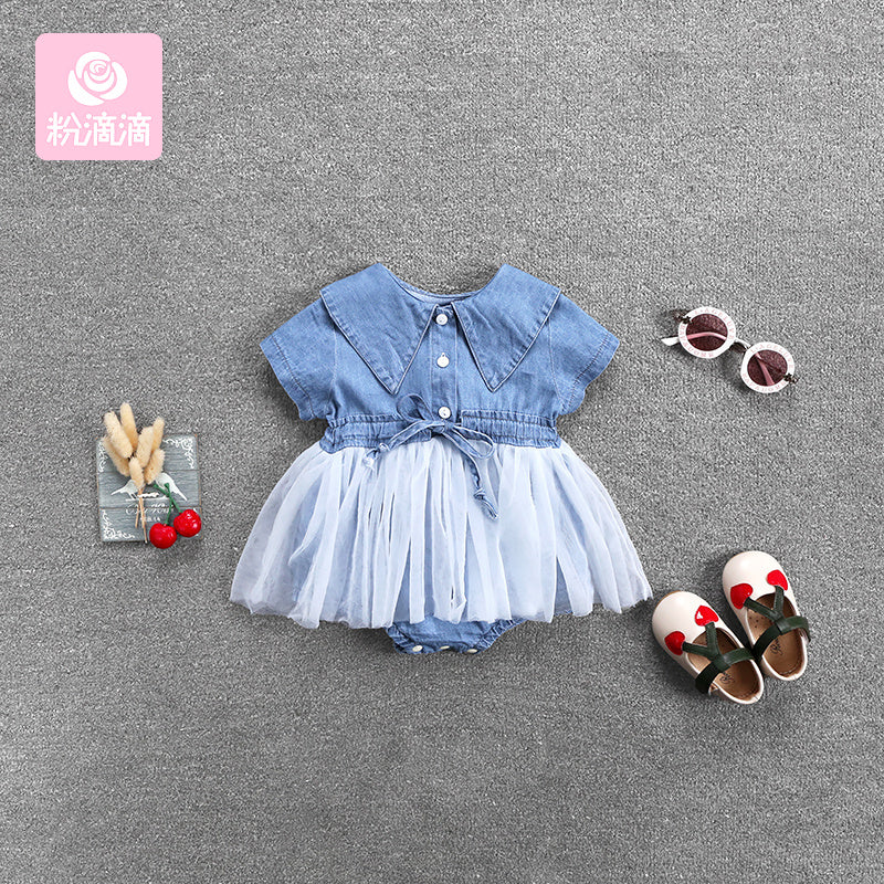 Barboteuse Bébé Fille en Jean de Coton Bleu Clair, Manches Courtes, Été