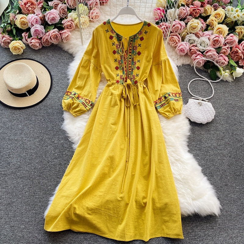 Cotton Hemp Embroidered National Style Long Dress