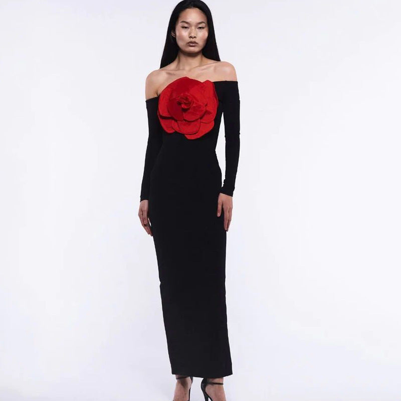 European & American Style Black Tube Top Slim Fit Backless Flower Split Dress