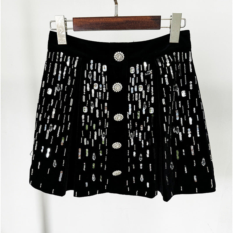 Fashion Bead Pleuche Top Mid-length Dress Set