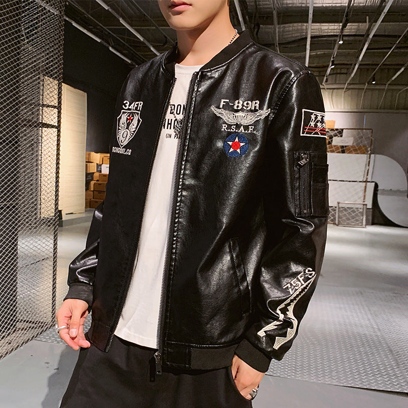 Men's Embroidered PU Leather Motorcycle Jacket with Standing Collar