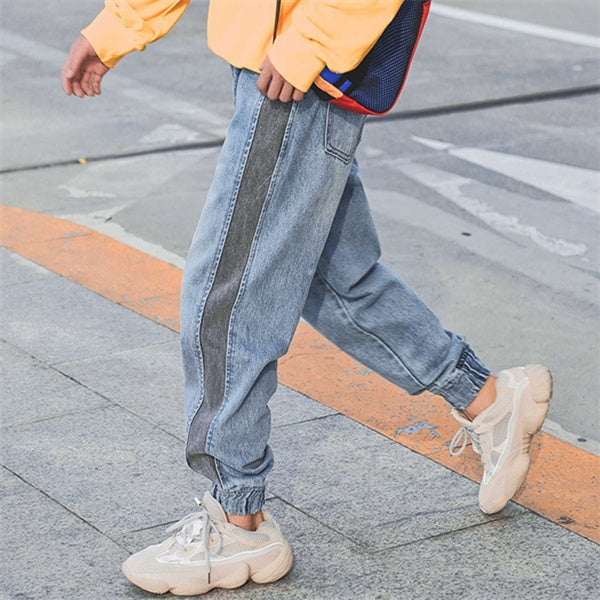 Jean crayon en coton bleu à empiècements M-2XL