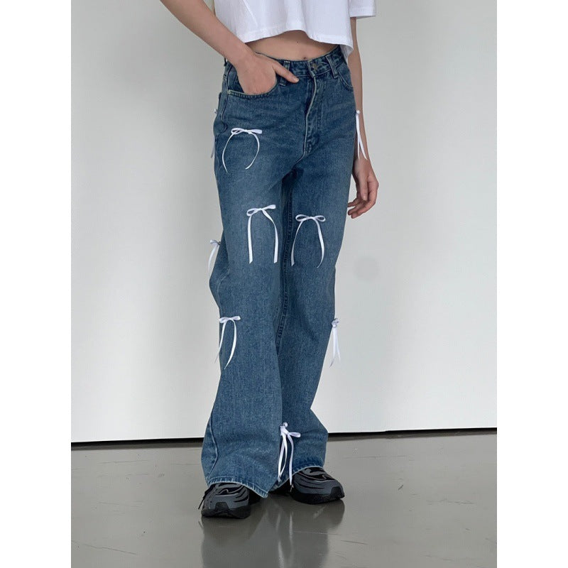 Pantalon de survêtement en jean ample et droit rétro taille haute pour femme