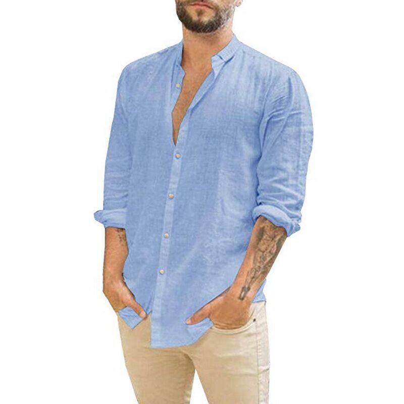 Solid Color Stand-Up Collar Loose Cotton Shirt