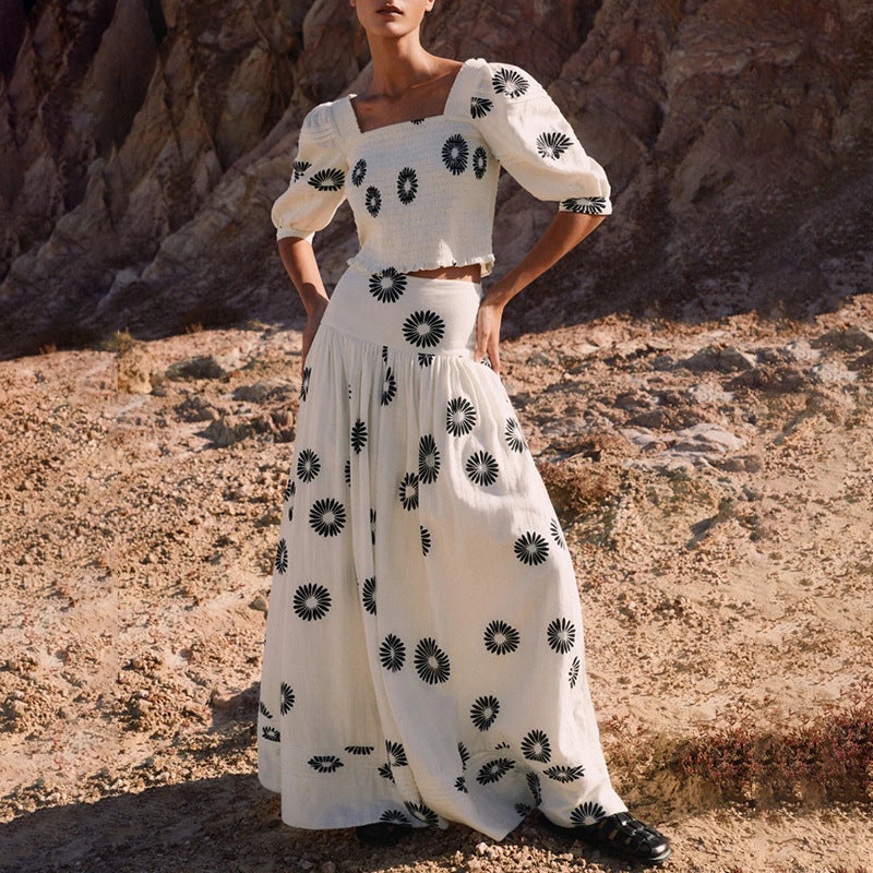 Puff Sleeve Short Top Skirt Long Skirt Summer Two-piece Set