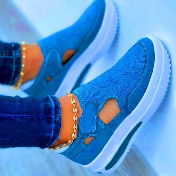 Breathable Flat Fly Knit Mesh Casual Shoes with Velcro Closure