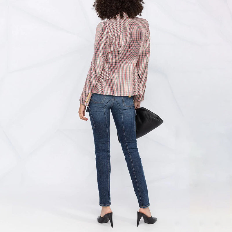 Women’s Red Houndstooth Double-Breasted Long-Sleeve Blazer Jacket