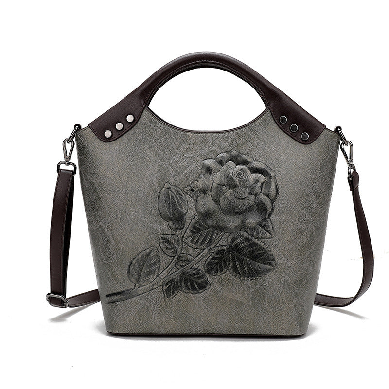 Embossed PU Bucket Shoulder Bag with Zipper, 36x37x13cm