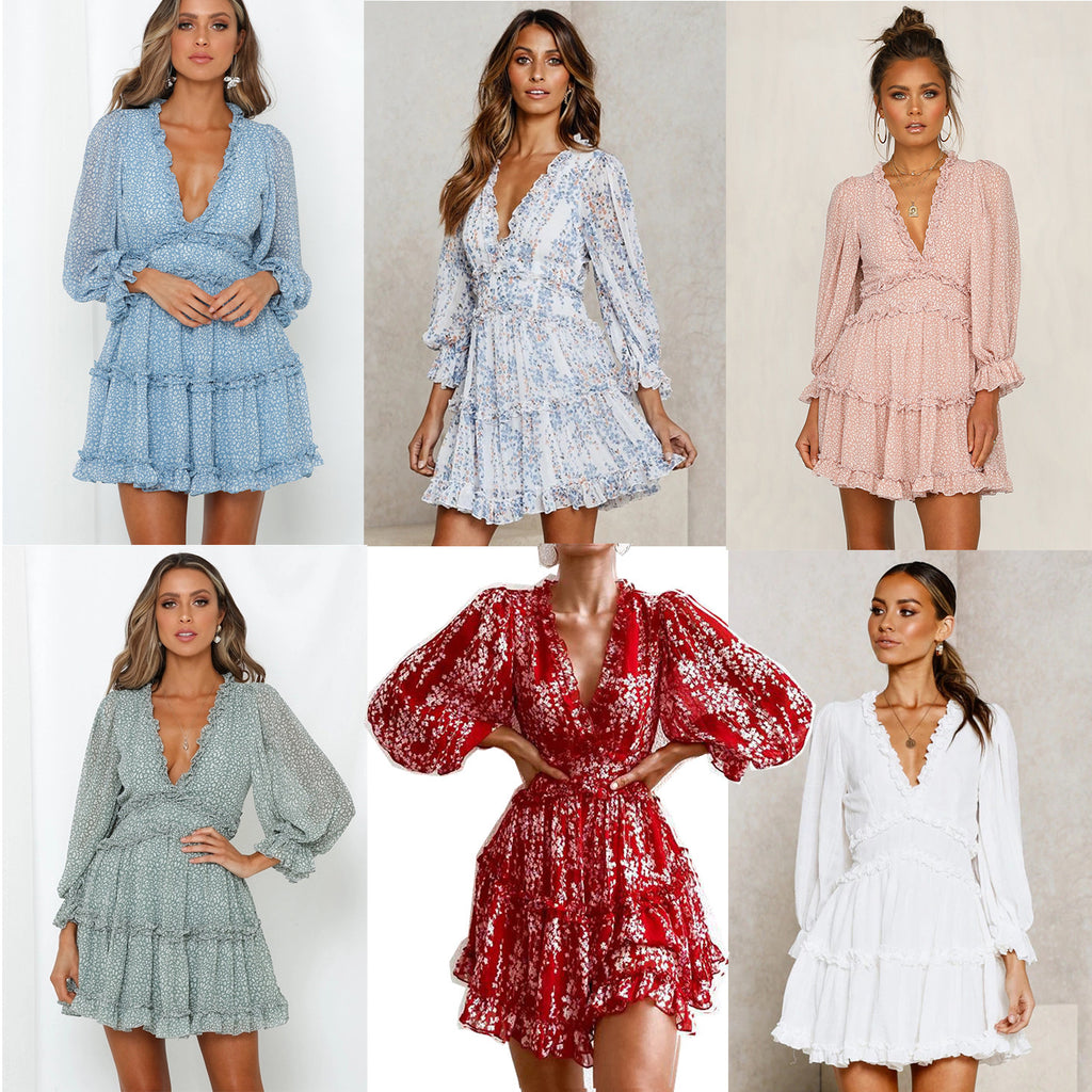 V-Neck Bubble Sleeve Short Chiffon Dress