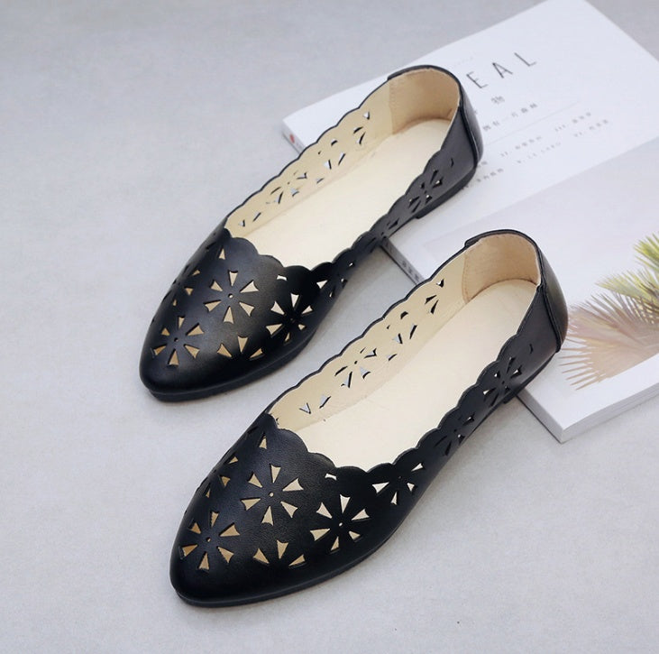 Chaussures plates nues à bout pointu et fleurs évidées pour femmes