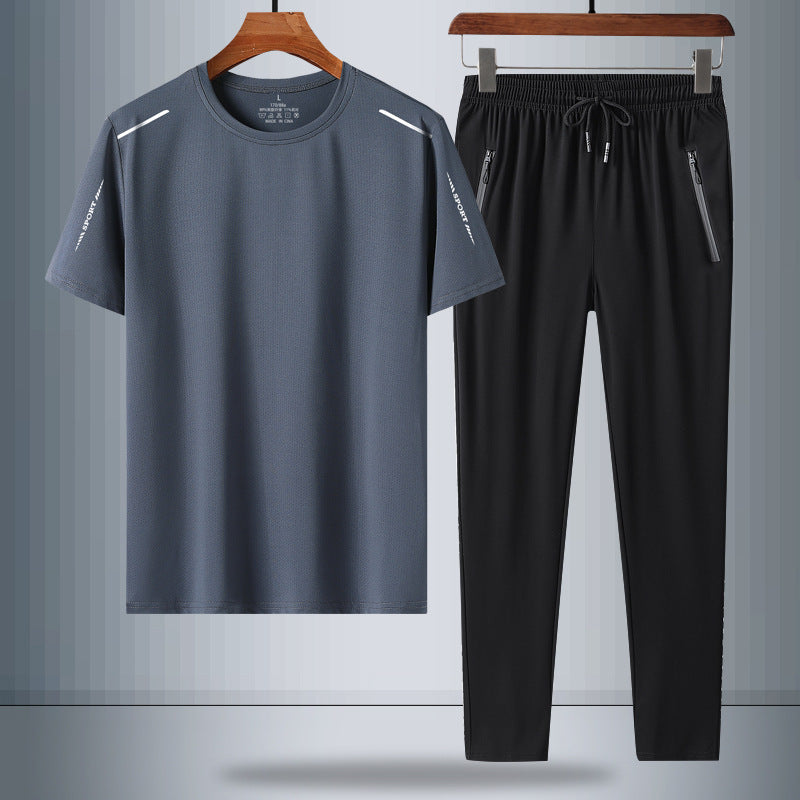 Men's Ice Silk Quick-Dry Two-Piece T-Shirt & Trousers Set