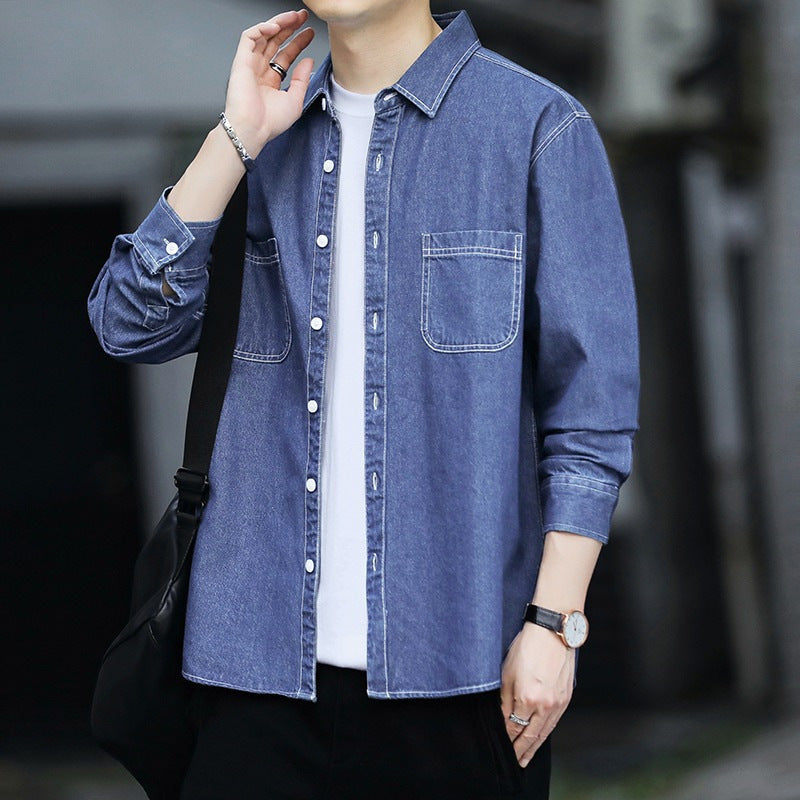 Chemise décontractée en jean à manches longues pour homme, bleu clair et bleu foncé