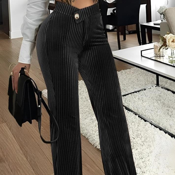 Gold Velvet Striped Casual Women's Pants