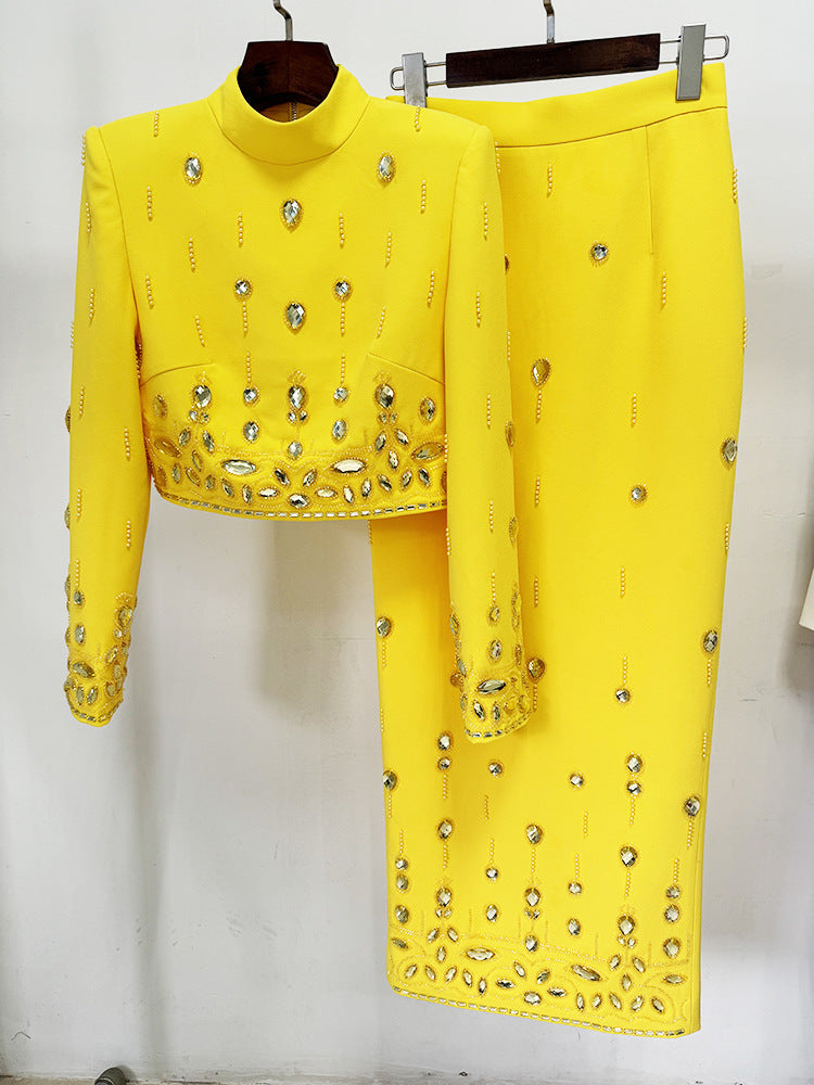 Heavy Industry Beads Diamond Inlaid Short Top Long Skirt Suit