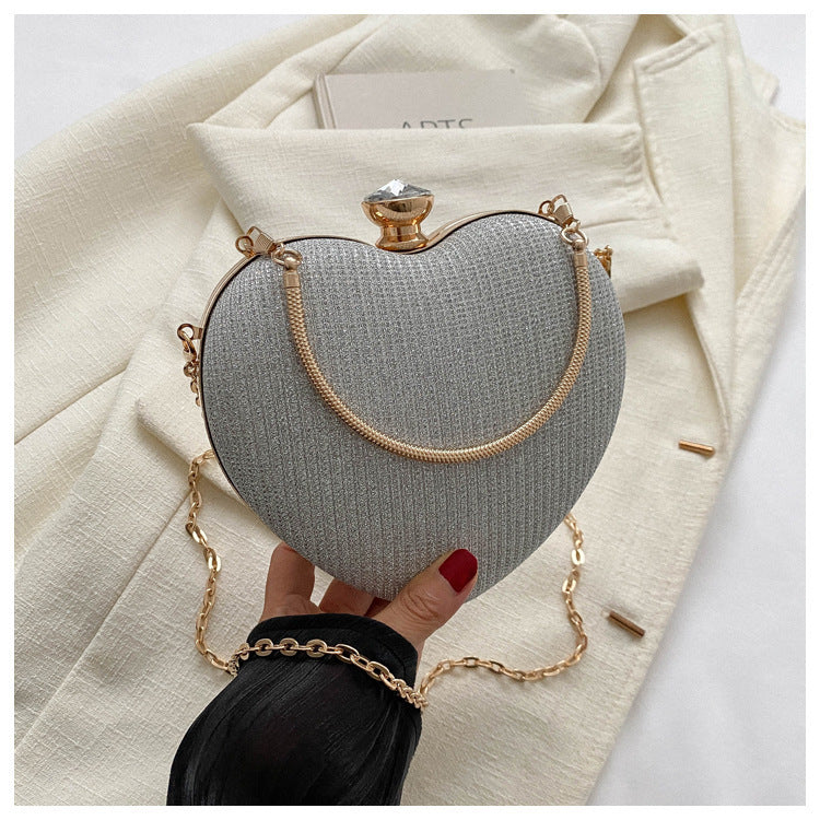 Women Bag Shiny Handbag Heart Shape Metal Clutches Bag Fashion