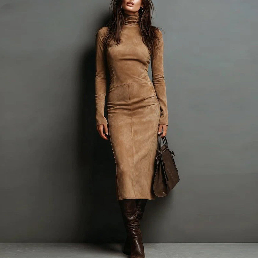Robe crayon moulante mi-longue à col roulé et manches longues pour femme