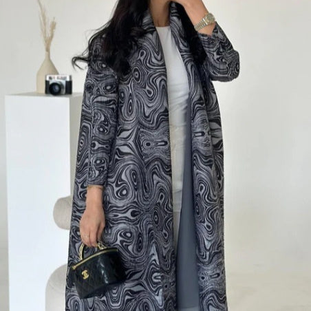 Pleated Trench Djellaba Printed Shawl Cardigan Ethnic Cloak Coat for Middle East Women