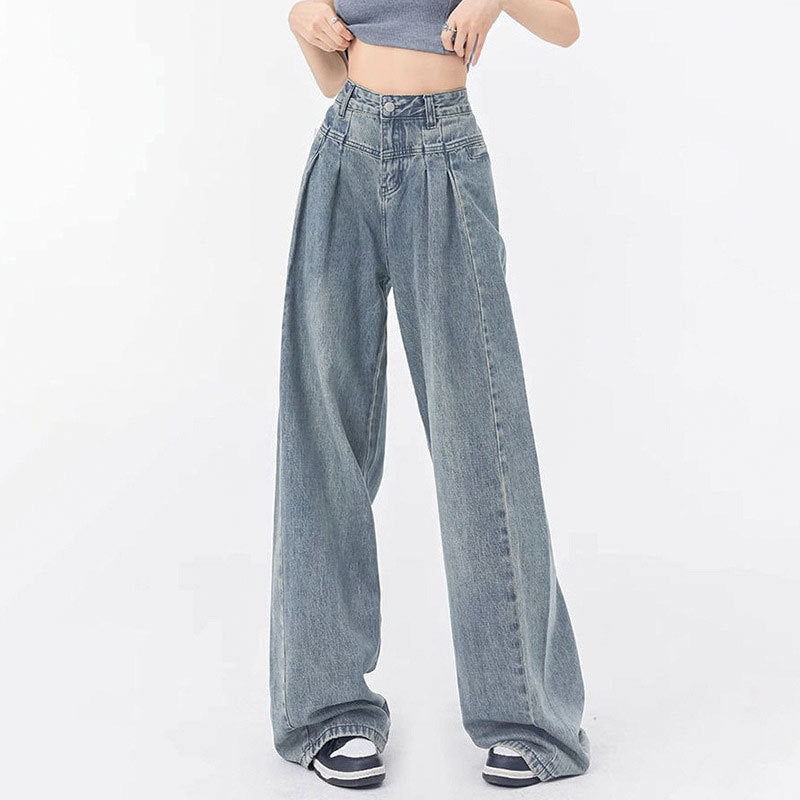 High Waist Pleated Wide Leg Loose Cotton Denim Jeans for Women