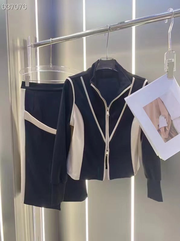 Autumn Black & Camel Top and Skirt Sports Suit for Women