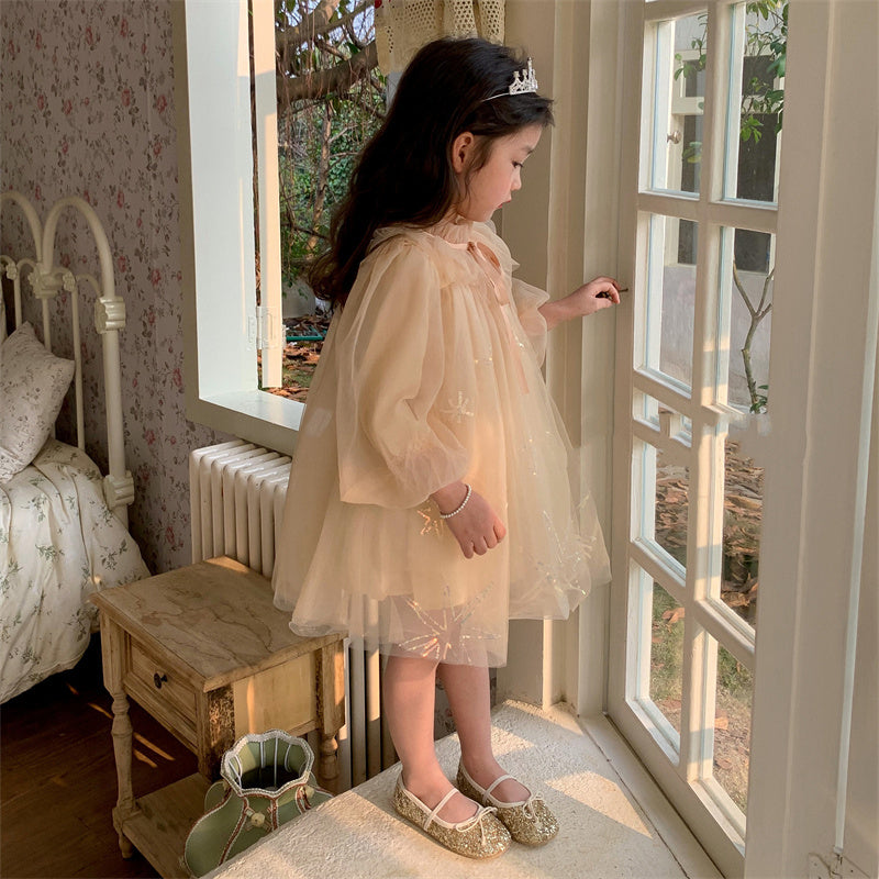Girls Champagne Mesh Lantern Sleeve Casual Princess Dress