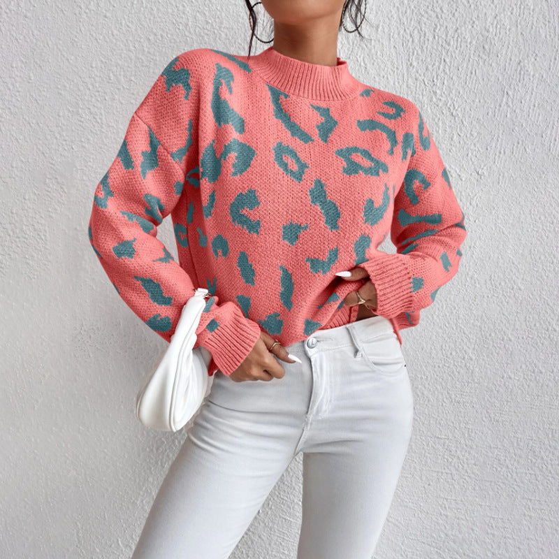 Haut pull jacquard imprimé léopard printemps et automne