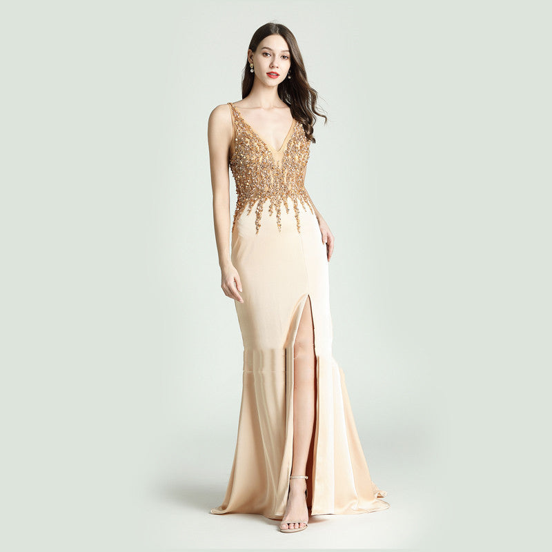 Robe de soirée élégante dorée sans manches, col en V profond, tailles personnalisées S-XL