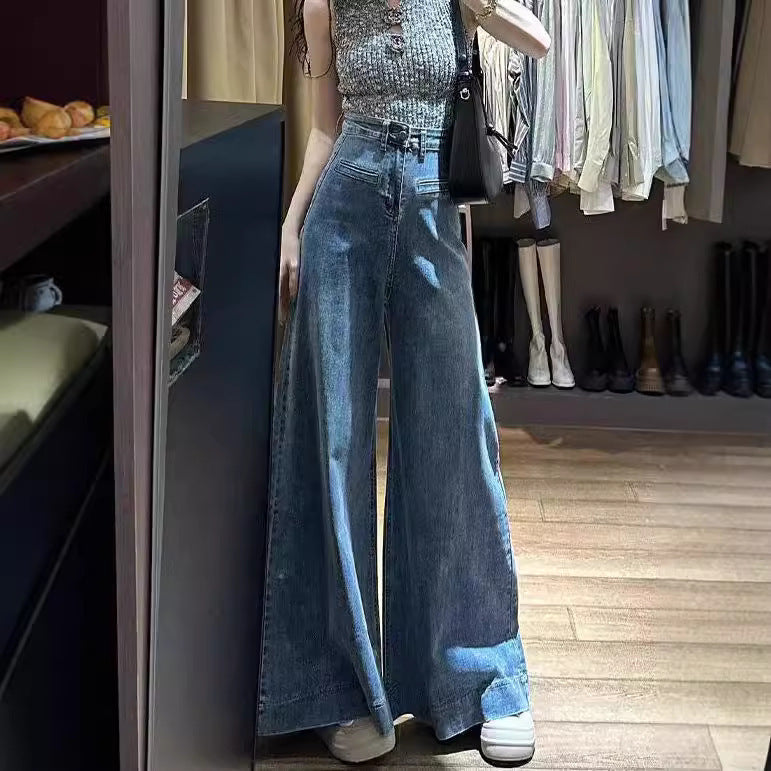 Jean large taille haute rétro bleu longueur ras du sol pour femme