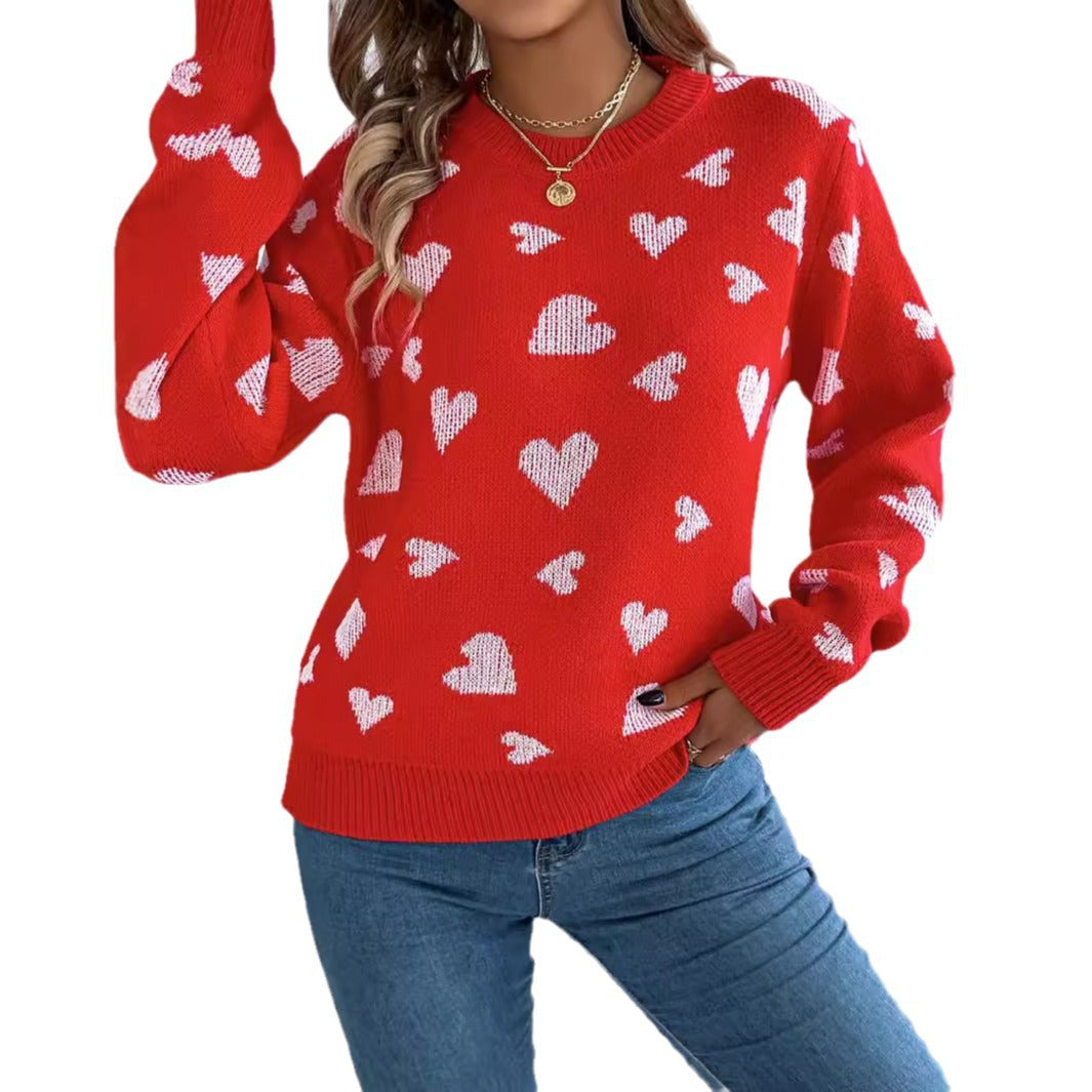 Pull tricoté à manches lanterne contrastées avec motif cœur et col rond