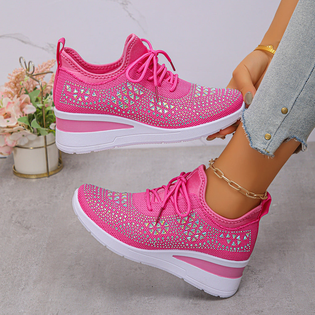 Baskets compensées à lacets Ins Rhinestone pour femmes Chaussures de sport décontractées