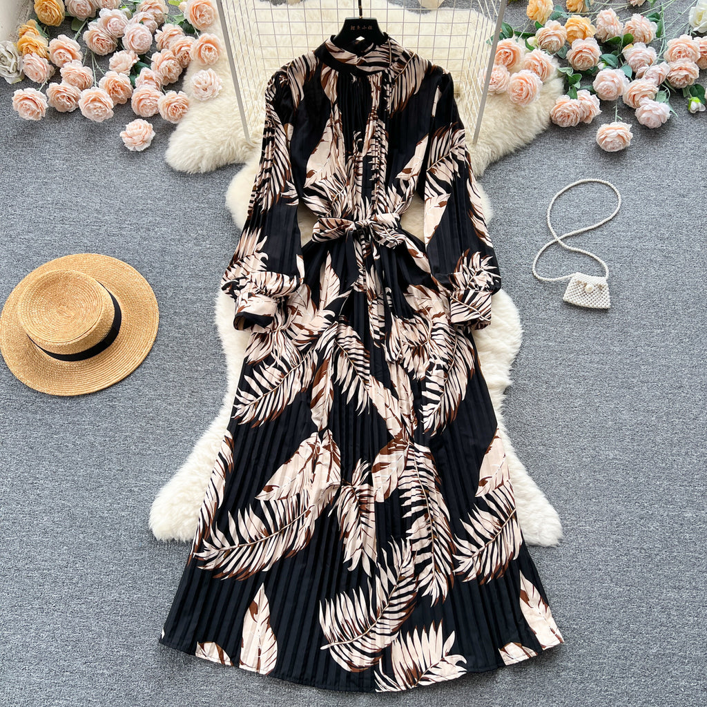 Stand Collar Long Sleeve Printed Chiffon Dress with Lace-Up Cinched Waist and Pleated Skirt