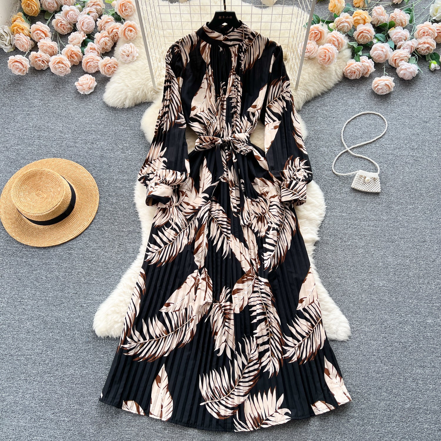 Stand Collar Long Sleeve Printed Chiffon Dress with Lace-Up Cinched Waist and Pleated Skirt