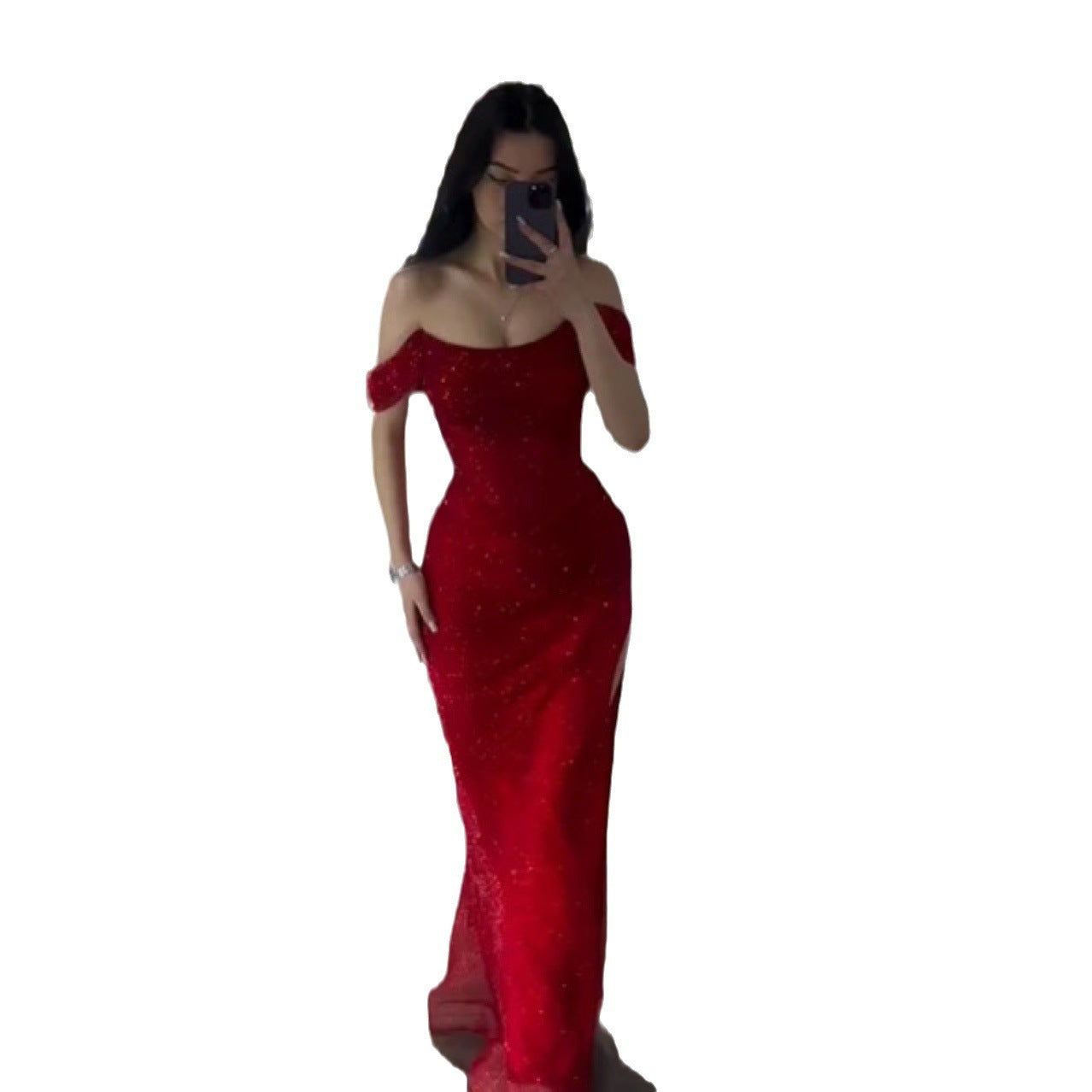 Women's Red Shiny High Slit Dress S-XXL