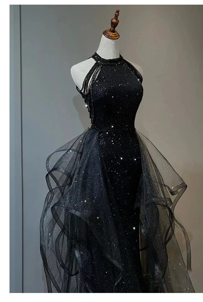 Black Sleeveless High Waist Evening Dress for Women, XS-XXL