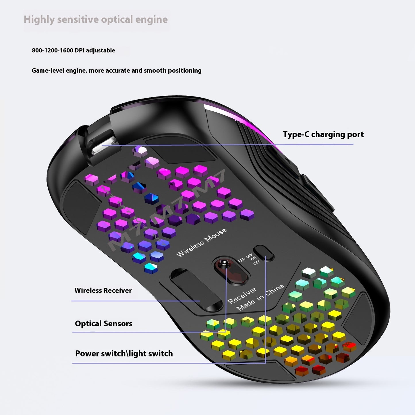 ماوس ألعاب لاسلكي خفيف الوزن مضيء بتصميم مجوف