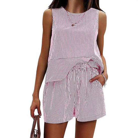 Vertical Striped Waist Round Neck Sleeveless Suit
