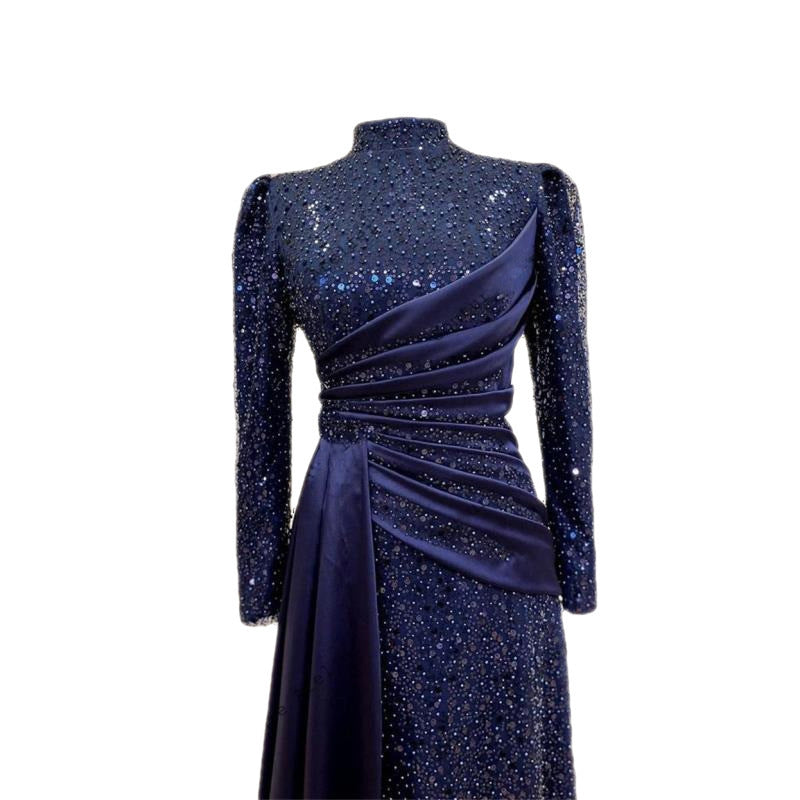Robe de soirée longue à col montant et manches longues en dentelle à sequins bleu foncé musulmane Hui