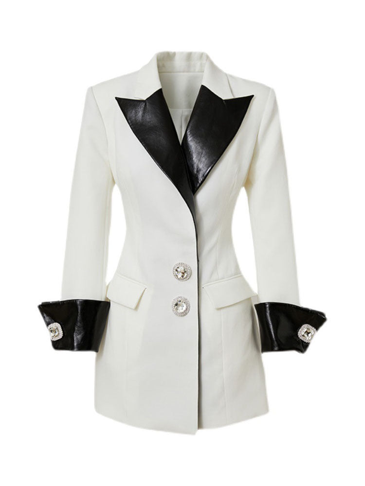 Contrast Leather Collar Diamond Stitching Jacket