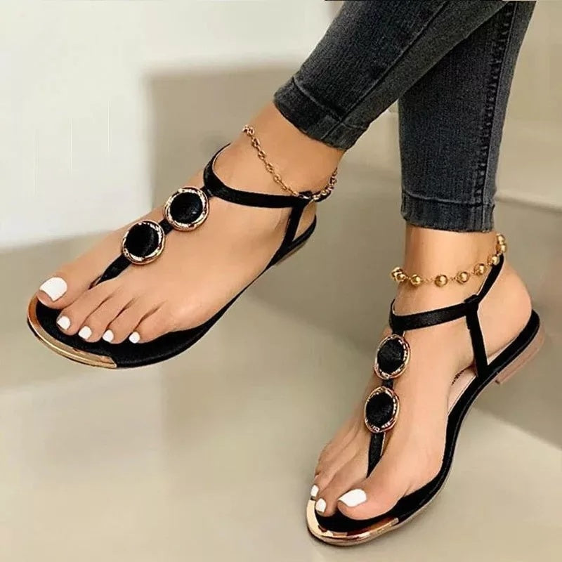 Women's Flat Summer Beach Sandals with Buckle - White, Black, Gold, Sizes 34-43