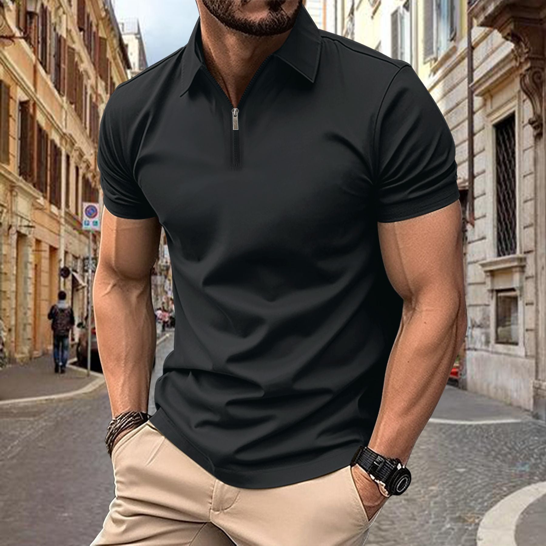 Men's Zipper Lapel Polo Shirt Short Sleeve