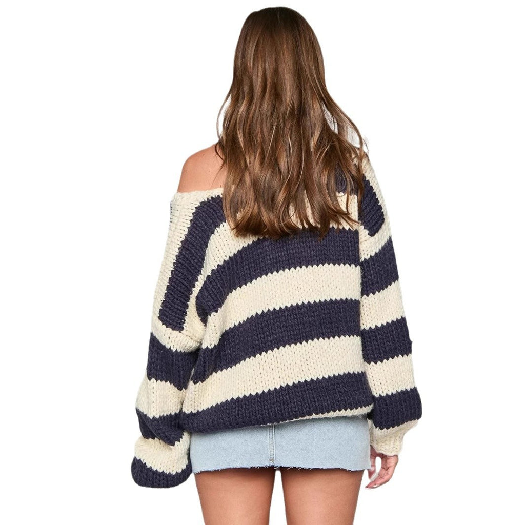 Loose Knitted Pullover Sweater with Oblique Shoulder for Fall Winter