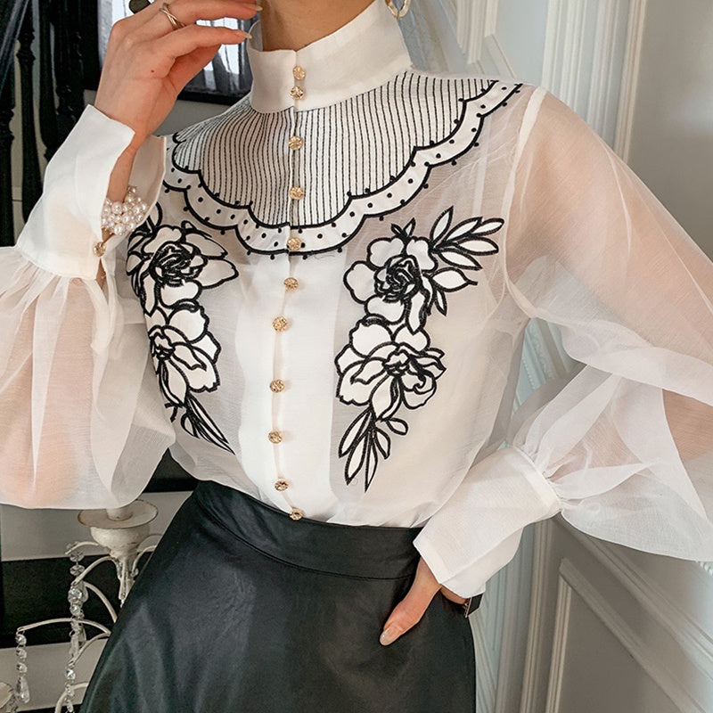 Women's Embroidered Flower Mesh Lantern Sleeve Shirt, One Size
