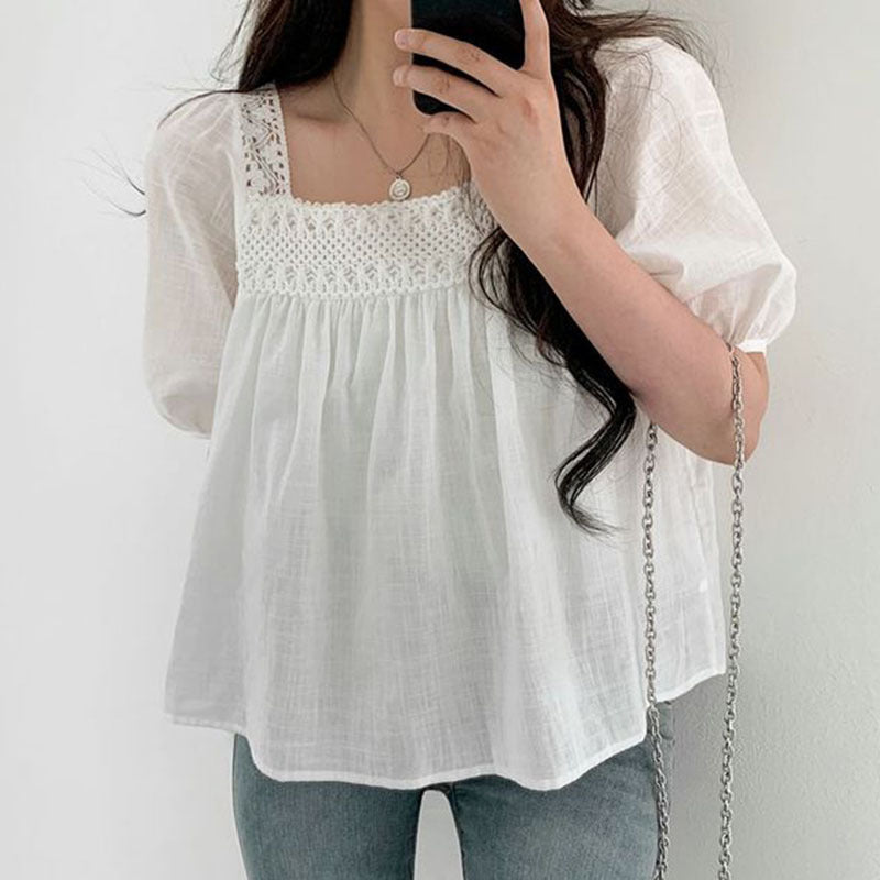 Niche Elegant Square Collar Hollow Crocheted Loose All-match See-through Puff Sleeve Shirt