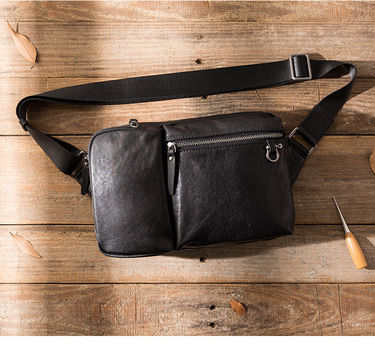 Leather Men's Black Shoulder Bag with Zipper, 26cm x 9cm x 18cm
