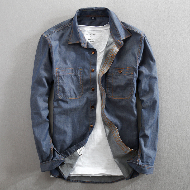 Chemise en jean décontractée ample à manches longues et revers en coton pour homme