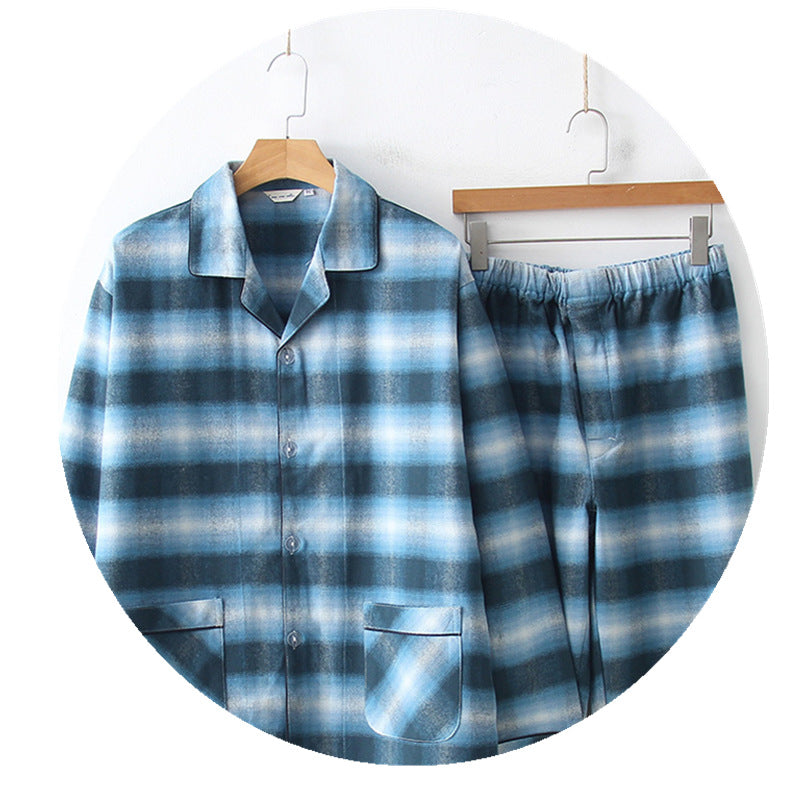 طقم بيجامة رجالي من القطن الثقيل الممشط بقصة فضفاضة مقاس M-XL أخضر كاروهات
