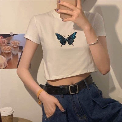 Women's Short-Sleeve Butterfly Print Cotton Blend Crop Top
