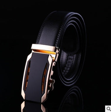 Men's Leather Automatic Buckle Belt 3.55CM Wide with Gold Buckle Head