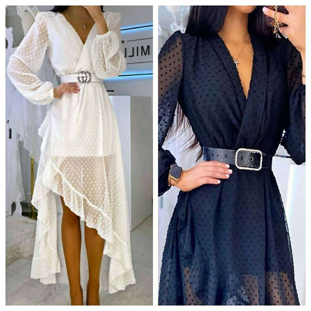 Elegant Polka Dot V-Neck Dress with Waist Detail