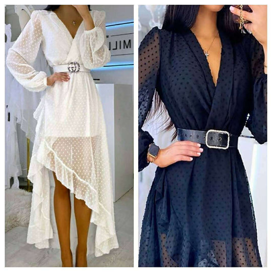 Fashion and elegant dress with waist polka dot V-neck