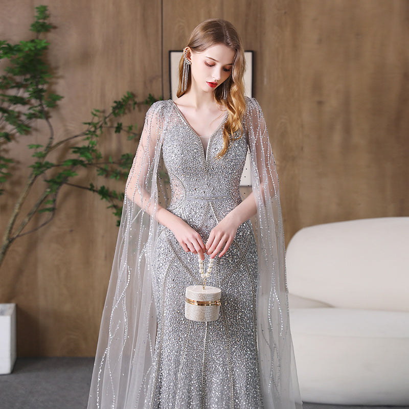 Silver Deep V-Neck Fishtail Evening Dress Slimming Banquet Gown